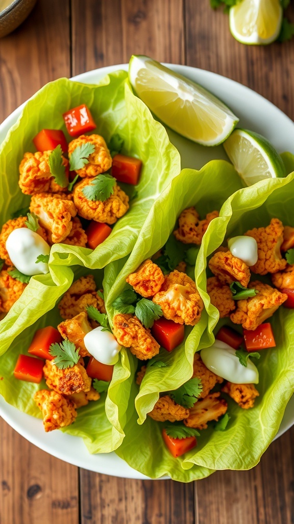 Spicy cauliflower lettuce wraps filled with roasted cauliflower, tomatoes, and carrots, garnished with cilantro and lime wedges.